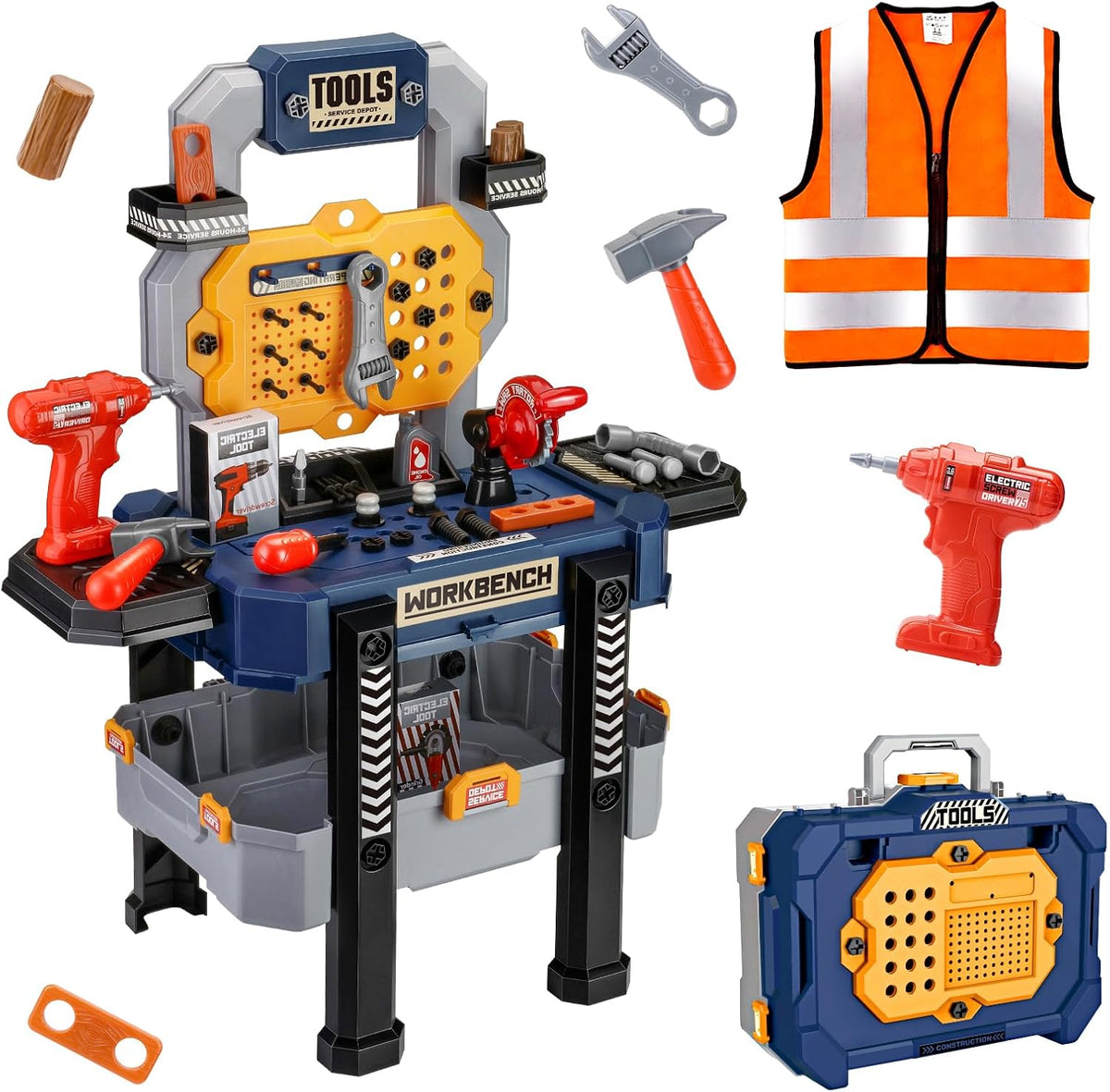 Kids Plastic Workbench & Electric Drill Set | Sturdy Toddler Tool Bench with Storage Case for Boys & Girls Age 3+