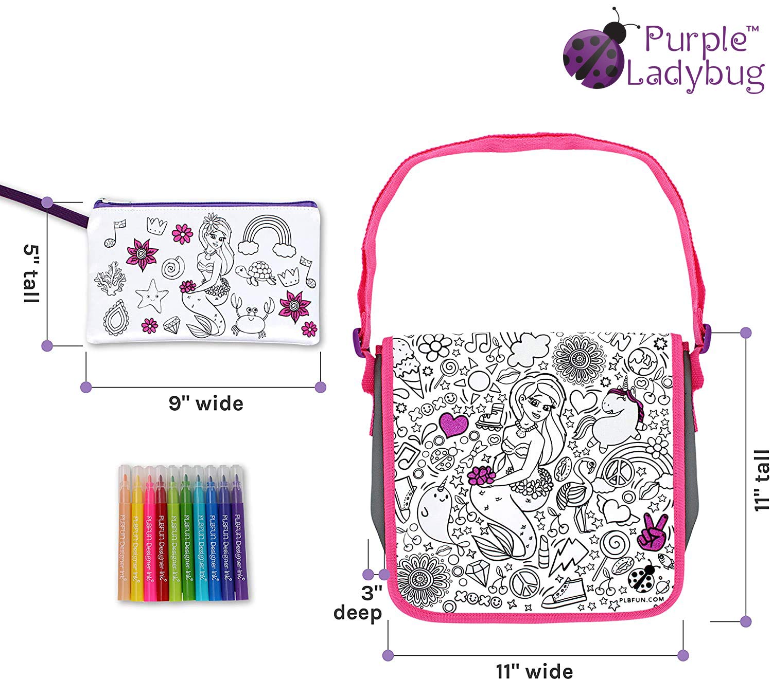 PURPLE LADYBUG Color Your Own Bag with 6 Markers - Unique Mermaid