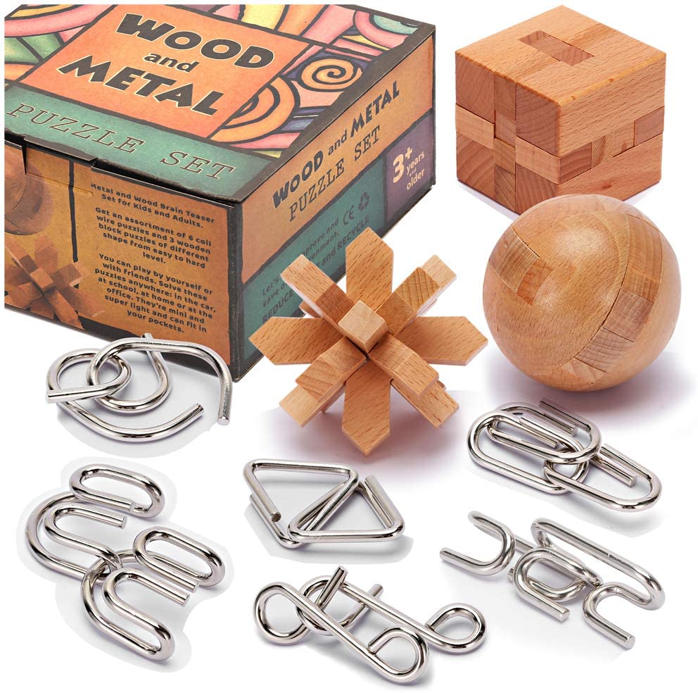 9-Piece Magnificent STEM Puzzle Wonders Set | Wooden Block & Metal Linked Brain Teasers for Kids 3+