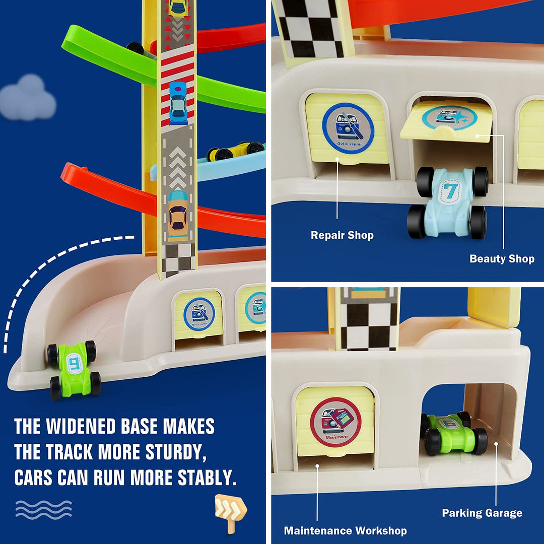 Wooden Car Toy Wooden Car Ramp Toy - 7 Lane Race Track With 7 Mini Cars ...