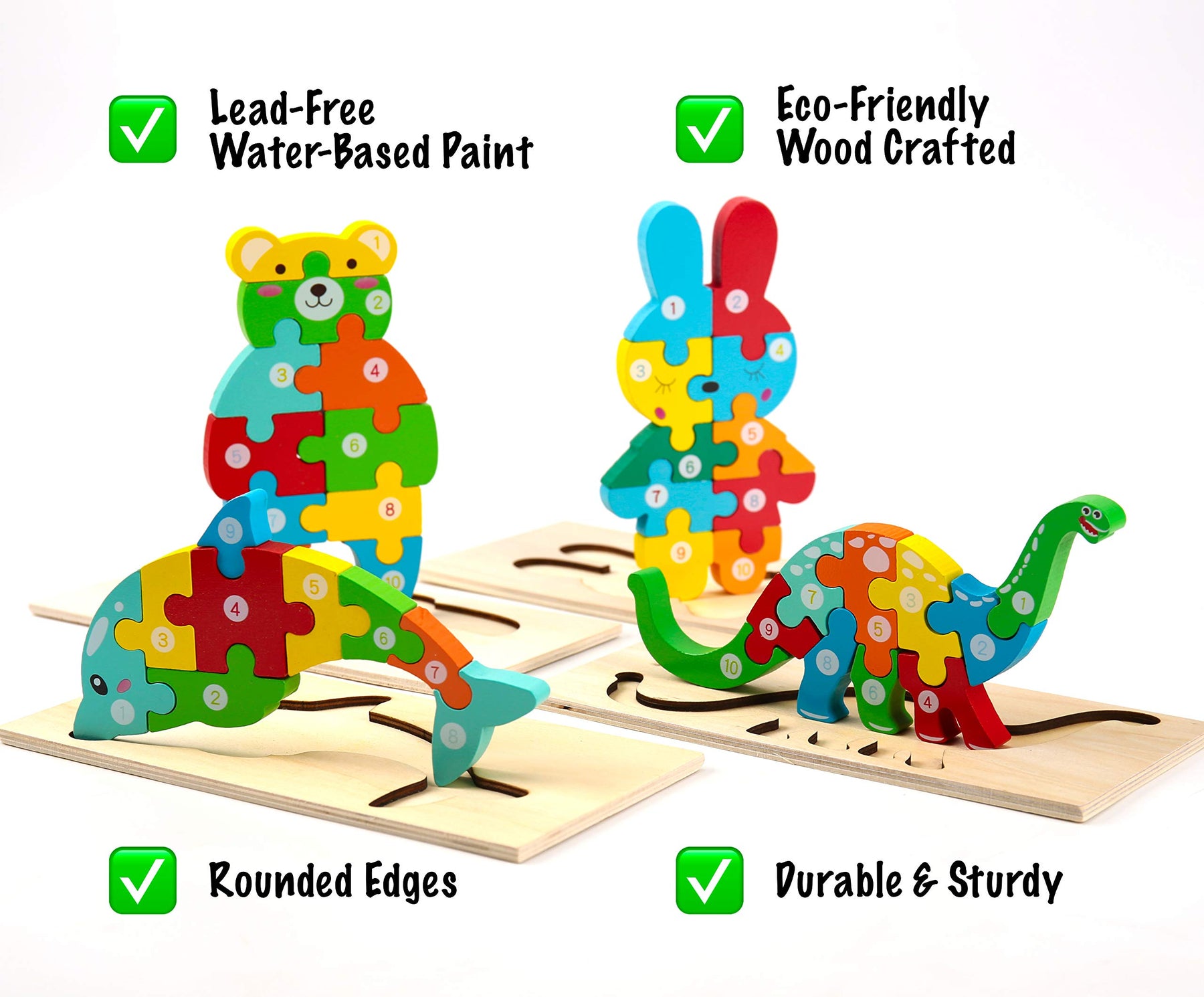 Wooden Montessori Puzzles Including: Dinosaur, Dolphin, Rabbit And