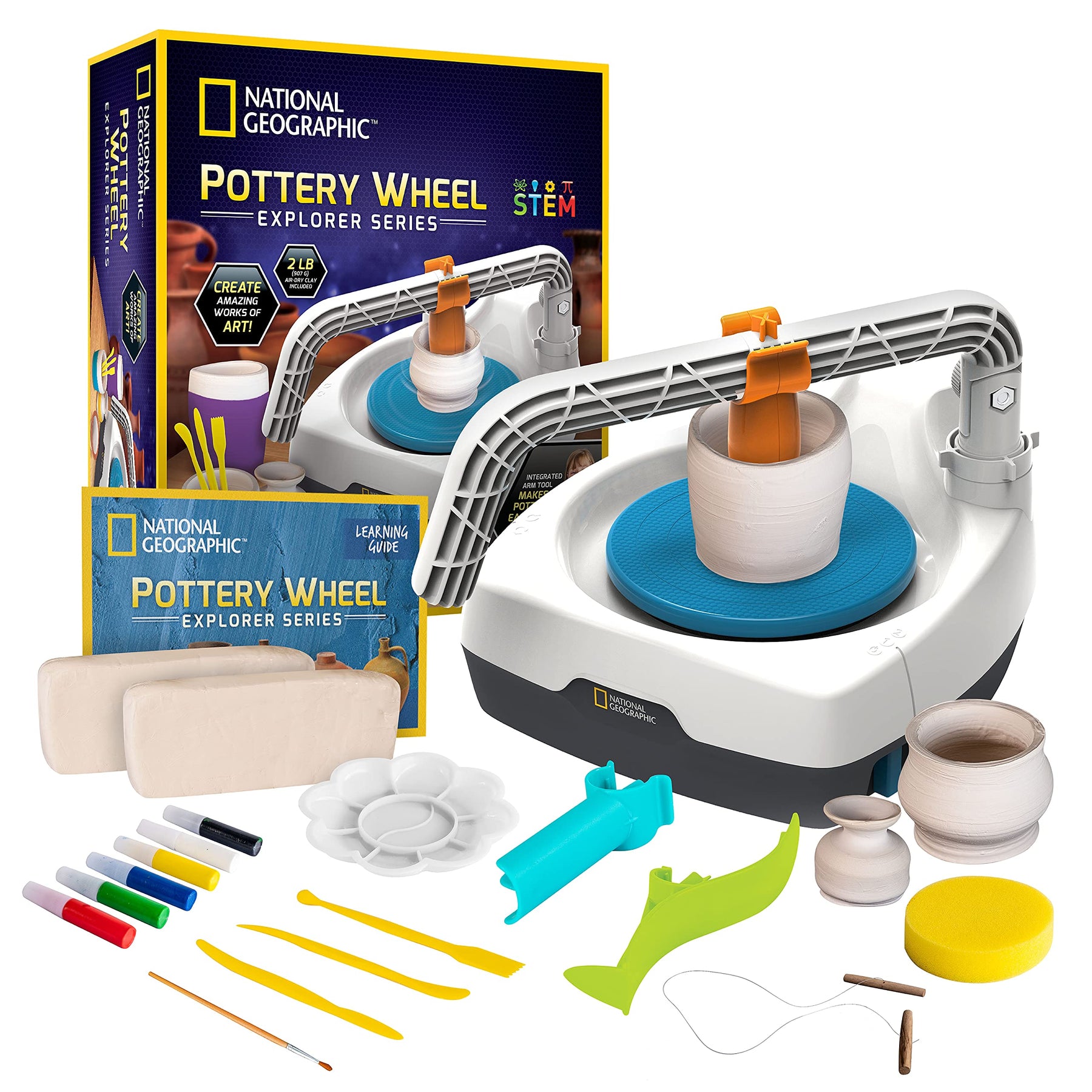 National Geographic Pottery Wheel for Kids – Complete Kit for Beginners, Plug-In Motor, 2 lbs. Air Dry Clay, Sculpting Clay Tools, Apron, Patented