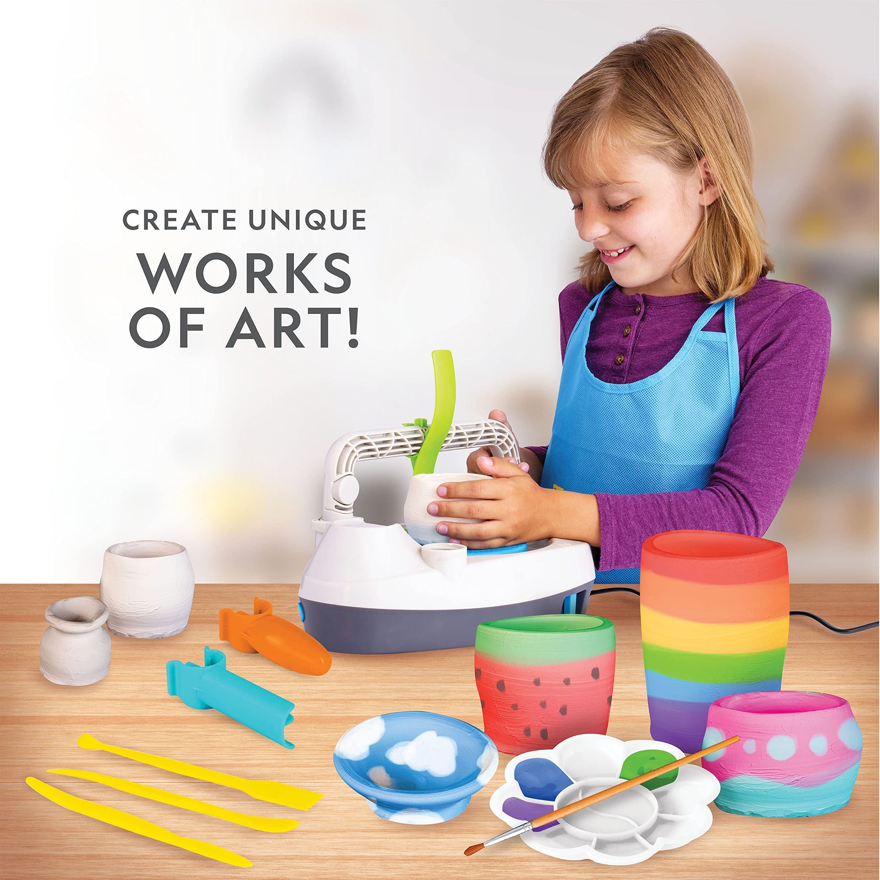 National Geographic Pottery Wheel for Kids – Complete Kit for Beginners, Plug-In Motor, 2 lbs. Air Dry Clay, Sculpting Clay Tools, Apron, Patented